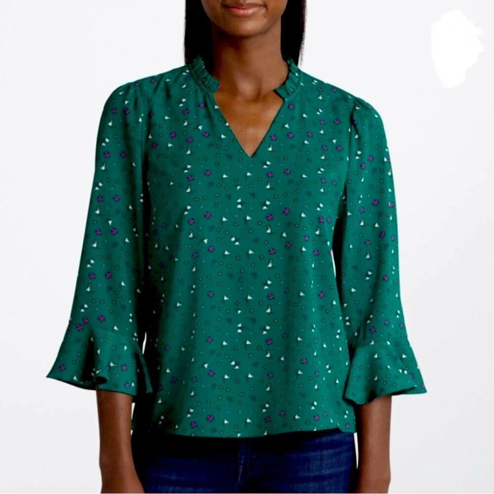 CeCe Elbow Ruffle Sleeve V-Neck Blouse, Teal Multi-Color Pattern, Size XL